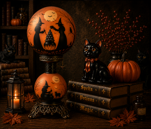 Lighted witch globe lamp, black cat figurine on books, and jack-o'-lantern candle holder, styled with autumn leaves and berries