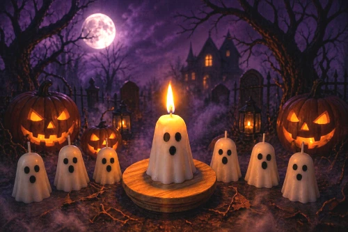 A set of 6- scented Spiced Pumpkin hand-poured soy wax, 2" white ghost Candles