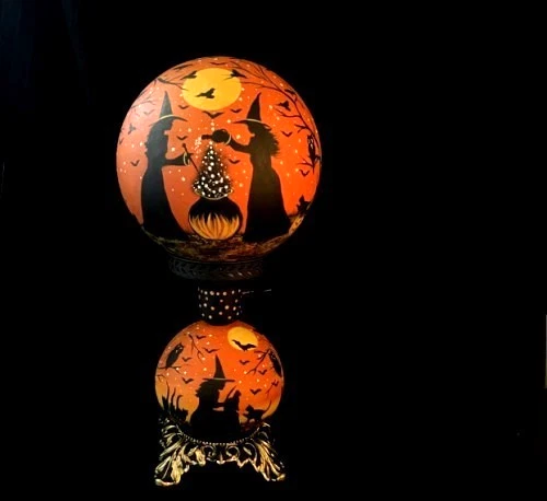 Vintage Halloween Witches Haunted Owls House Double Globe 3-Way Lamp by Peggy G